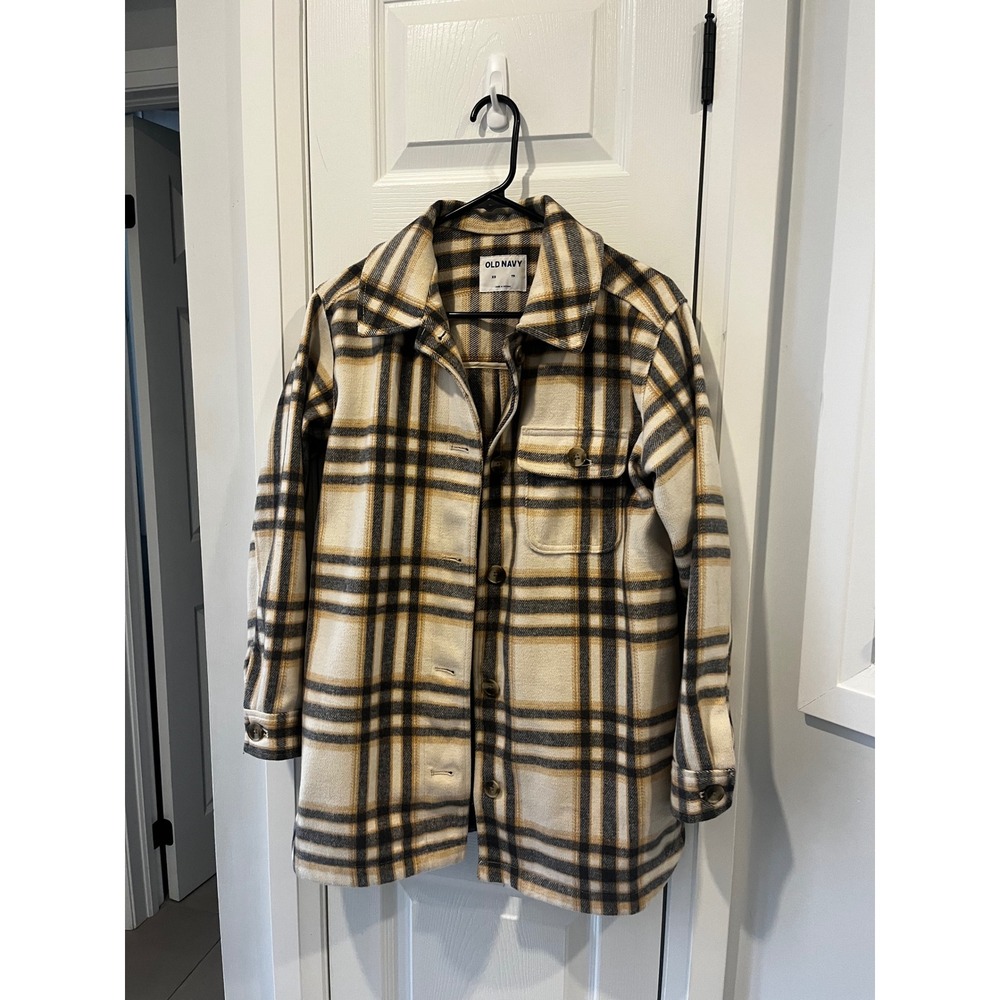 Old Navy XS‎ Plaid Button Front Lined Shacket Jacket Cream Black Tan Oversized
